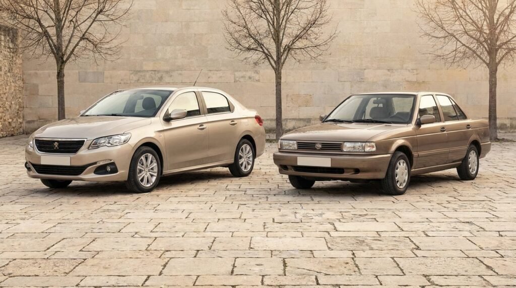 Newer and older cars parked side by side