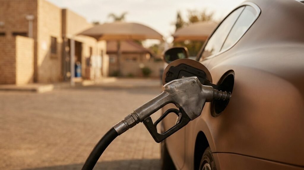 Fuel nozzle connected to a bronze car at a quiet forecourt
