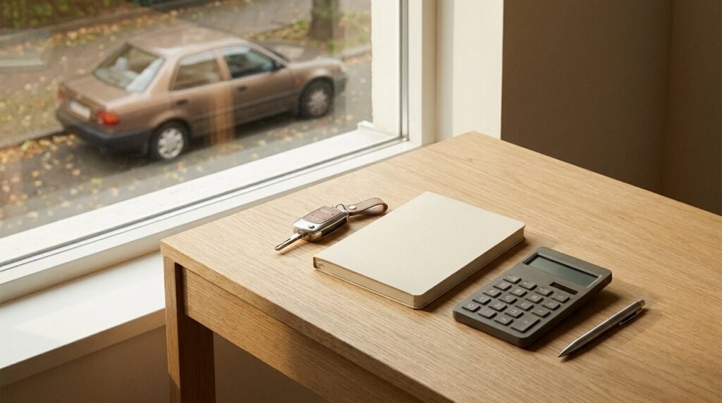 Car key, notebook and calculator on a light oak desk