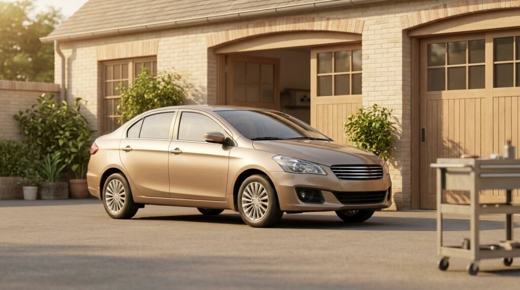 Champagne-coloured car outside a service workshop